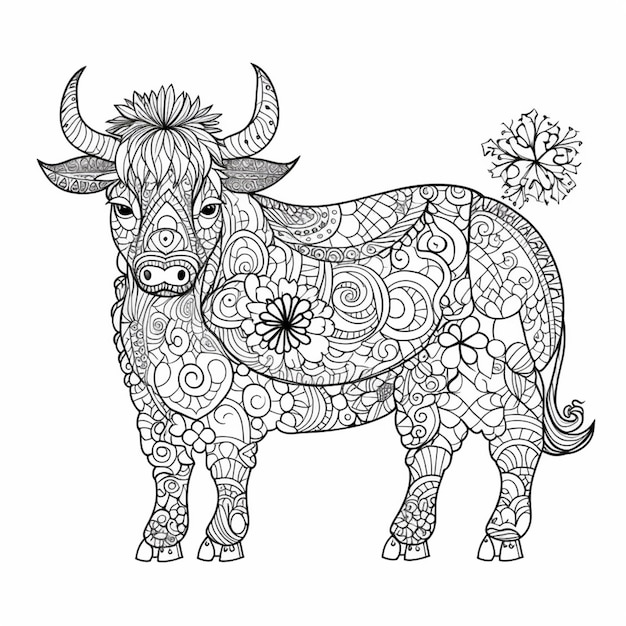 a coloring page with a cow with a flower on it generative ai