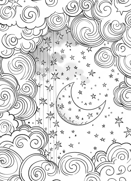 a coloring page with a crescent and stars in the sky generative ai