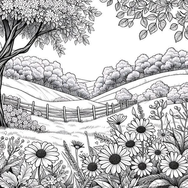 a coloring page with flowers and leaves isolated in white