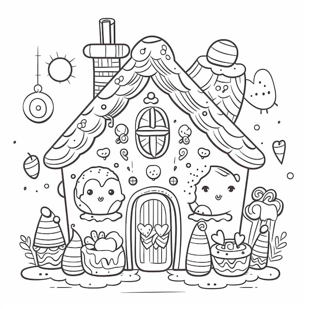 A coloring page with a ginger house and a ginger bear generative ai