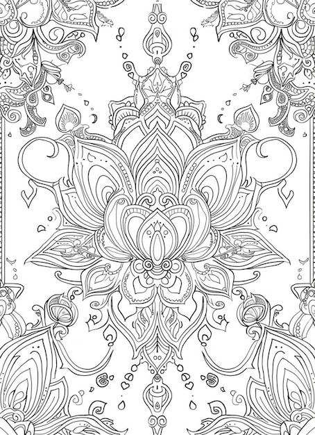 a coloring page with a large flower and ornate designs generative ai