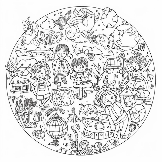 A coloring page with a picture of children playing in a circle generative ai