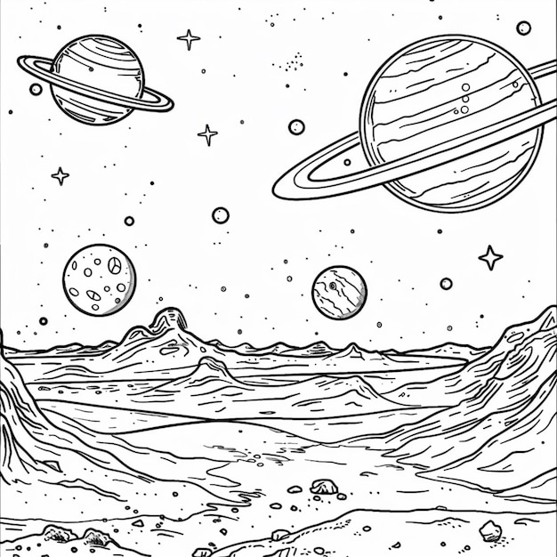 a coloring page with planets and stars in the sky generative ai