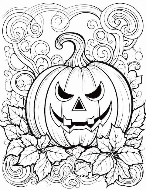 A coloring page with a pumpkin and leaves generative ai