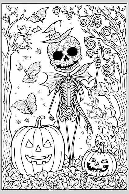 a coloring page with a skeleton and pumpkins generative ai