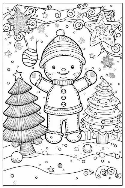 a coloring page with a snowman and christmas tree generative ai