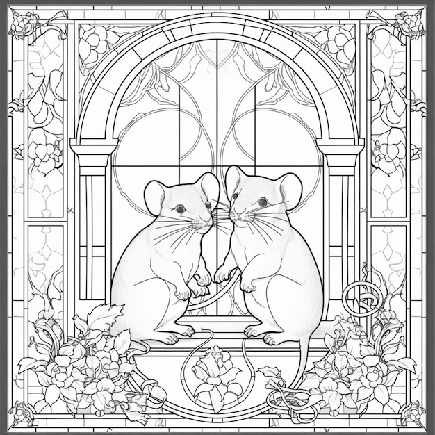 a coloring page with two mice sitting on a window sill generative ai