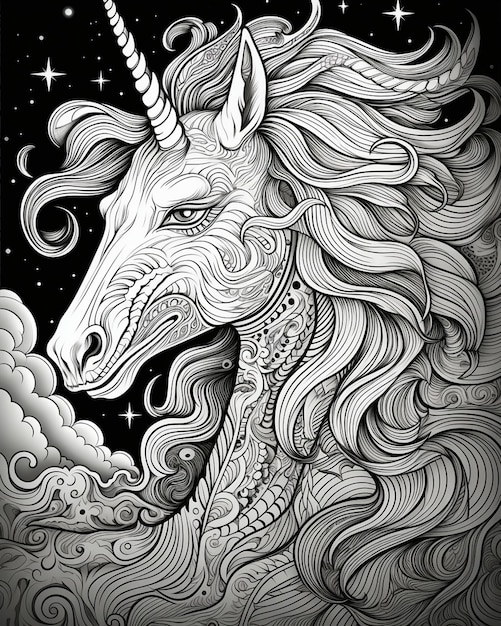 Coloring Page with Unicorn in Sky