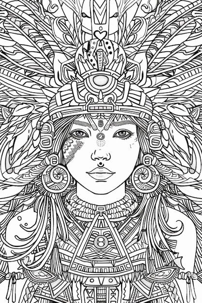 Photo a coloring page with a woman wearing a headdress and feathers generative ai