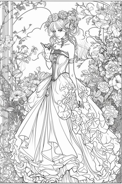 a coloring page of a woman in a dress and flowers generative ai