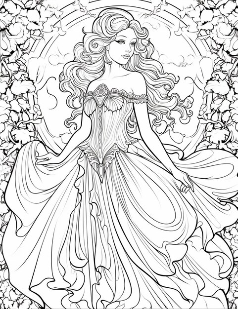 a coloring page of a woman in a dress surrounded by flowers generative ai