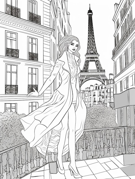 a coloring page of a woman in a long coat walking down a street generative ai