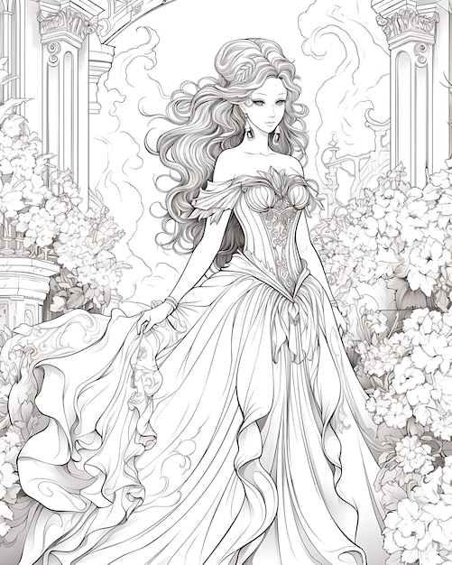 Coloring Page of Woman in Long Gown of Flowers