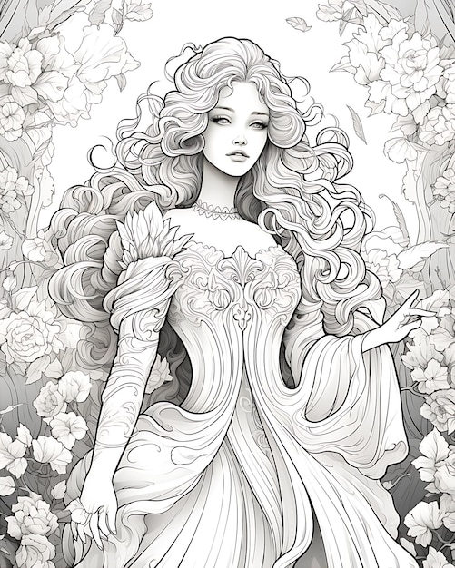 Coloring Page of Woman in Long Gown of Flowers