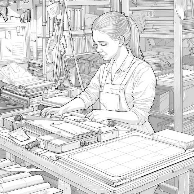 Photo coloring page woman operating a large industrial paper cutting machine