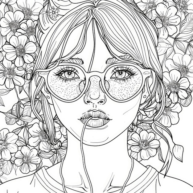 Photo coloring page a woman wearing glasses and surrounded by flowers