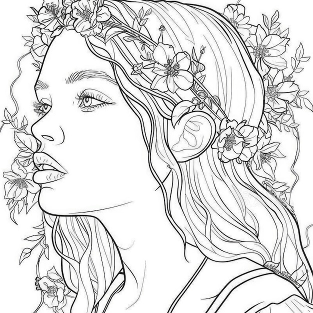 Photo coloring page a womans profile adorned with flowers