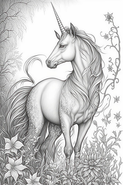 Photo coloring pages for adult fairy unicorn grayscale