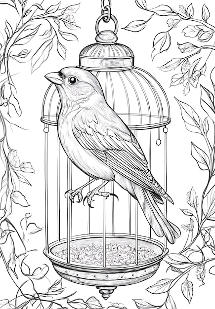 Photo coloring pages for adults bird in a cage