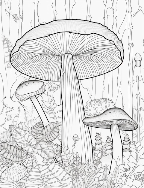 Coloring pages for adults mushrooms and plants generative ai