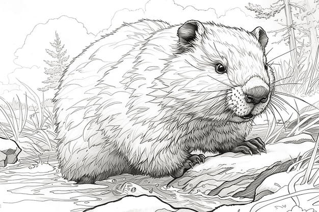 Coloring pages of a beaver sitting on a log in the woods