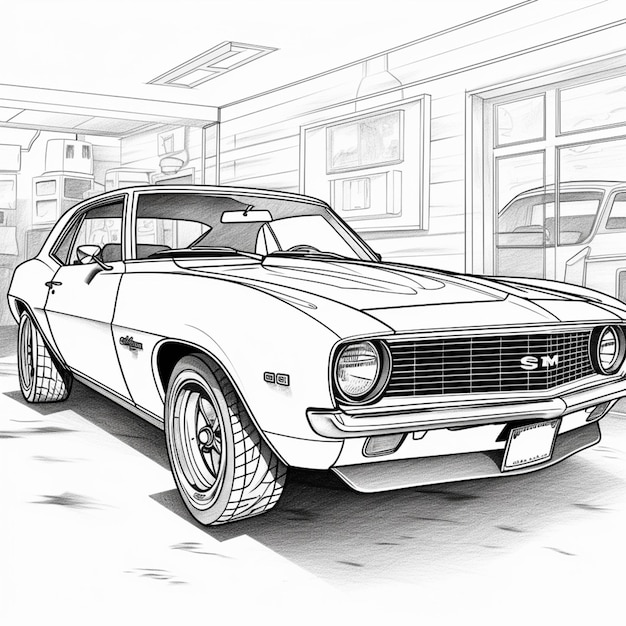 Coloring pages of cars in a garage with a man standing next to them generative ai