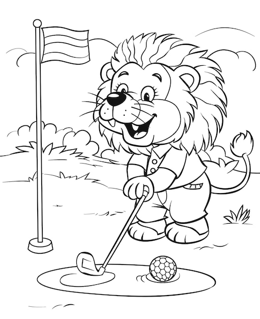 Photo coloring pages for kids of a lion playing golf