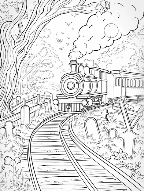 Photo coloring pages for kids of a train going down the tracks generative ai