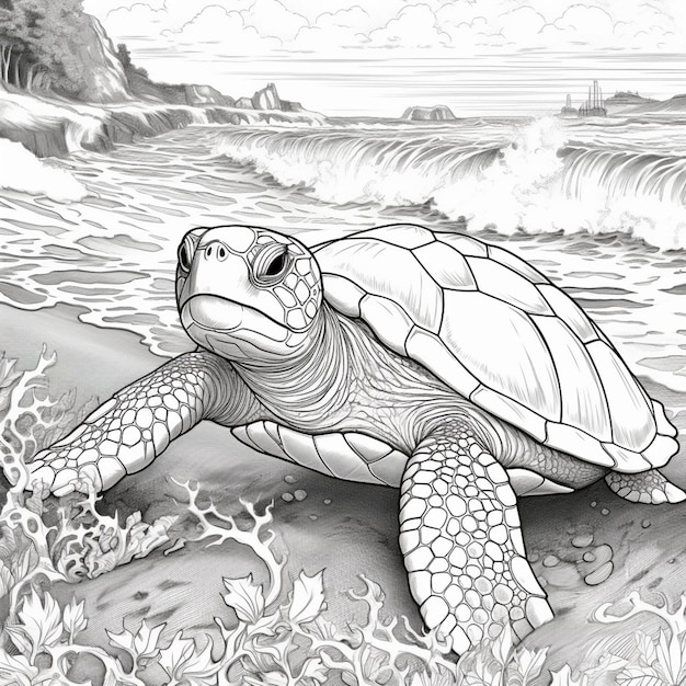 coloring pages of a turtle on the beach with waves in the background generative ai