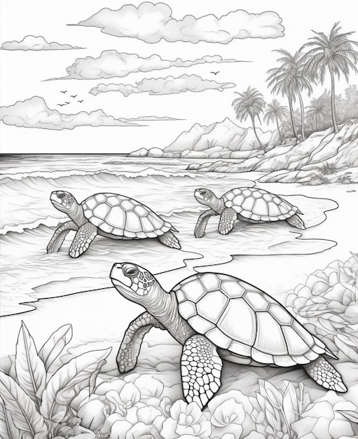 coloring pages of turtles on the beach generative ai