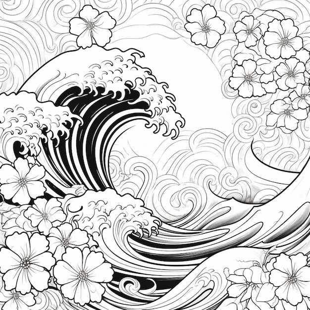 Coloring pages of waves and flowers generative ai