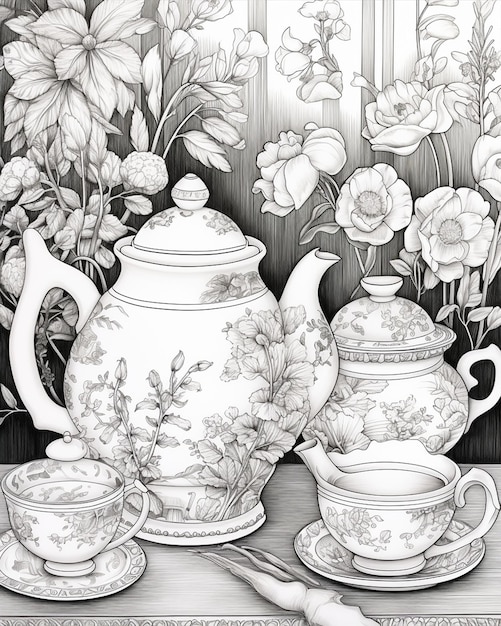 The Coloring Pages with a Teapot and Cup