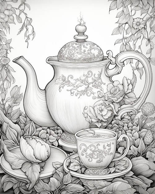 The Coloring Pages with a Teapot and Cup