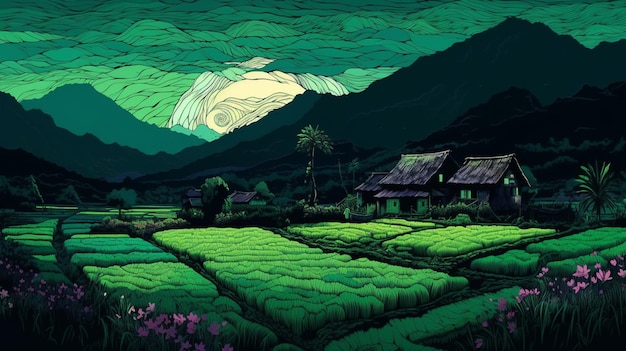 Colorized paddy field night house style illustration picture AI generated art