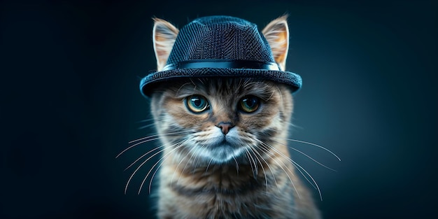 Colorpoint Shorthair Feline Wearing Detective Hat on Dark Background Concept Feline Portraits Detective Theme Dark Background Colorpoint Shorthair Pet Photography