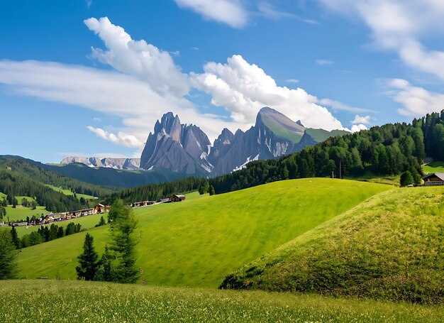 Photo colors of the dolomites in the funes view of the valley in southern tyrol italy green grass