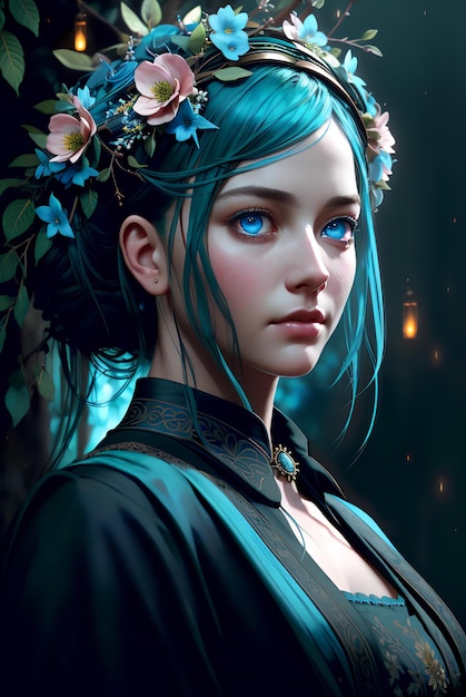 a colossal cyan raintree gloomy a closeup portrait of a pensivesorrowful maid