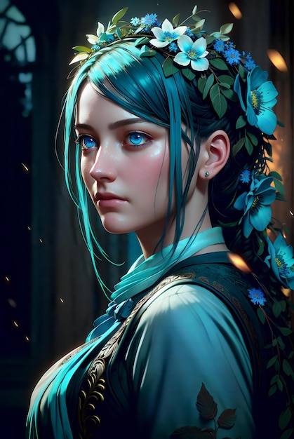 a colossal cyan raintree gloomy a closeup portrait of a pensivesorrowful maid