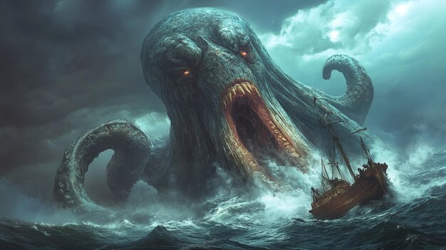 Photo a colossal sea creature looms over a ship in turbulent waters