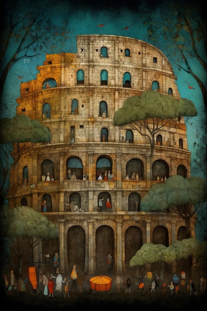 A colosseum rome city street scene graphic vector generative AI