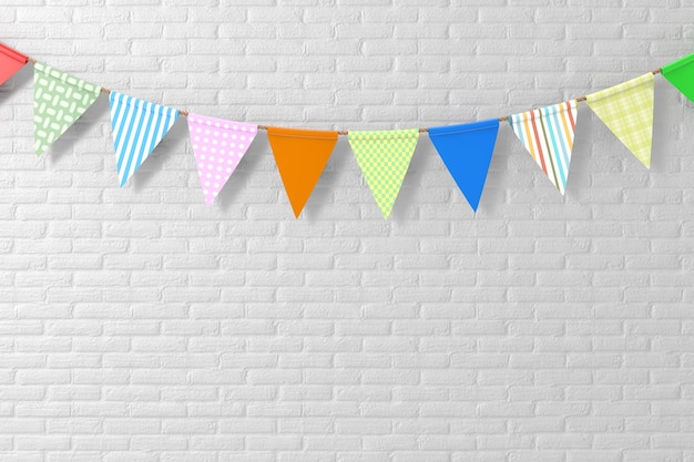 Colour Party Flags Hanging in front of White Brick Wall Background extreme closeup. 3d Rendering