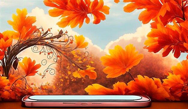 Colourful autumn leaves with mobile phone for sale ads product background banner