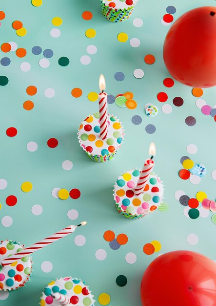 Photo colourful birthday cupcakes with candles and sprinkles