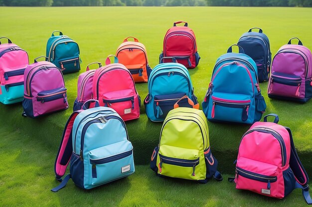 Photo colourful children schoolbags outdoors on the field backpacks with school accessorie generative ai