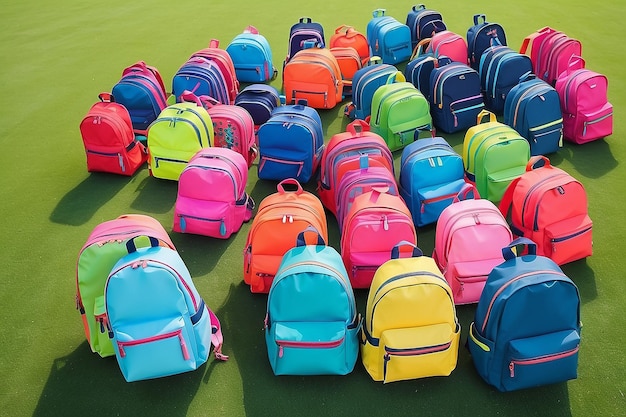 Photo colourful children schoolbags outdoors on the field backpacks with school accessorie generative ai