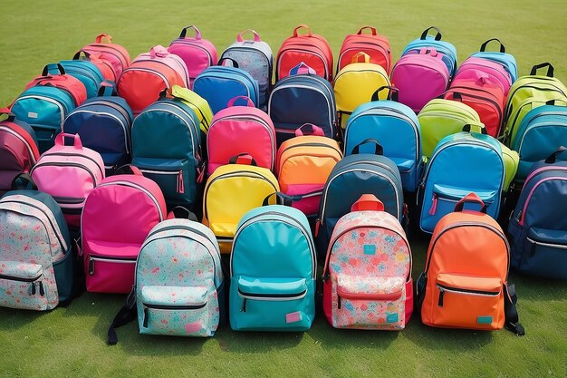 Photo colourful children schoolbags outdoors on the field backpacks with school accessorie generative ai