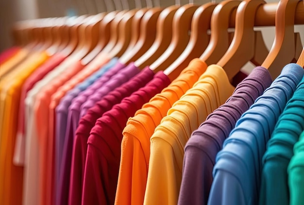 Colourful clothes on clothing rack bright colorful closet in shopping store or bedroom