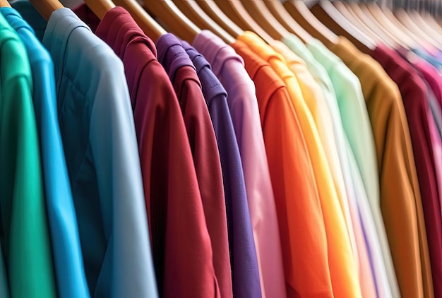 Colourful clothes on clothing rack bright colorful closet in shopping store or bedroom