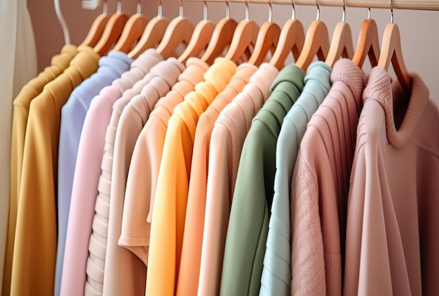 Colourful clothes on clothing rack pastel colorful closet in shopping store or bedroom