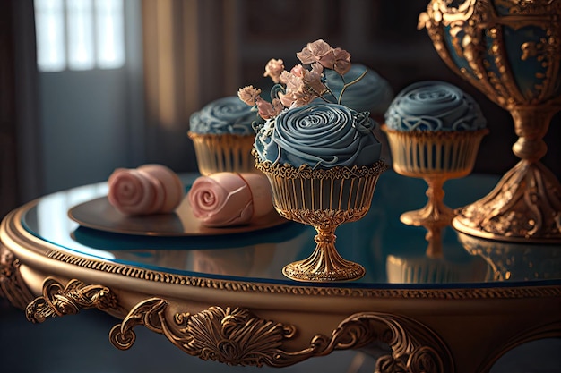 Colourful cupcakes on ornate glass tables with golden accents in royal bedroom Generative AI